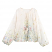 Women's Bohemian Floral Embroidered Chiffon Blouse Romantic Lantern Sleeve Lace-Up Shirt With Tassel And Lace Patchwork Sweet French Style Loose Top For Dating Vacation