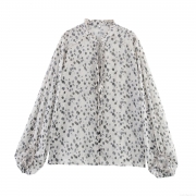 Women's Polka Dot Chiffon Blouse Bohemian Ruffle Tie-Neck Lantern Sleeve Shirt Casual Loose Long Sleeve Top For Summer Vacation Holiday