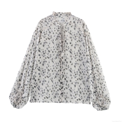 Women's Polka Dot Chiffon Blouse Bohemian Ruffle Tie-Neck Lantern Sleeve Shirt Casual Loose Long Sleeve Top For Summer Vacation Holiday
