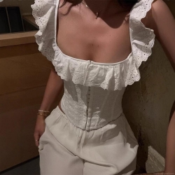 Women's French Sweet White Lace Crop Top Square Neck Ruffle Sleeveless Corset Blouse With Embroidery Lace-up Back For Summer Vacation