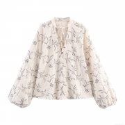 Women's V-Neck Floral Embroidery Blouse Lantern Sleeve Loose Faux Linen Polyester Shirt With Wooden Bead Ties For Spring Summer Casual Boho Ethnic Style