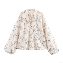 Women's V-Neck Floral Embroidery Blouse Lantern Sleeve Loose Faux Linen Polyester Shirt With Wooden Bead Ties For Spring Summer Casual Boho Ethnic Style