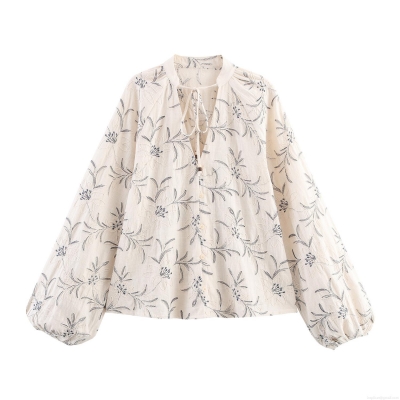 Women's V-Neck Floral Embroidery Blouse Lantern Sleeve Loose Faux Linen Polyester Shirt With Wooden Bead Ties For Spring Summer Casual Boho Ethnic Style