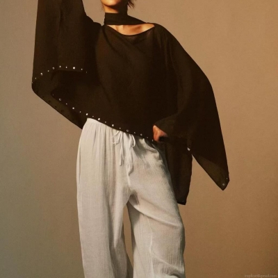 Women's Bohemian Loose Batwing Sleeve Blouse Scarf Neck Metal Rivet Design Top Summer Casual Halter Cape Style Polyester Shirt Solid Coffee Color
