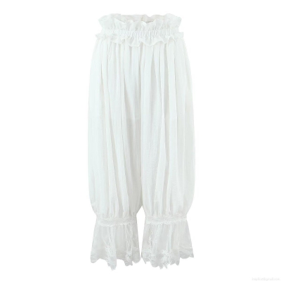 Women's White Lace Patchwork Lantern Pants Rayon Nylon Blend Elastic High Waist Ruffle Loose Casual Trousers For Vacation Streetwear