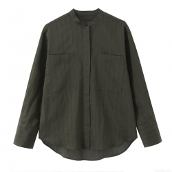 Women's Striped Long Sleeve Stand Collar Shirt Casual Loose Polyester Contrast Striped Top With Double Pockets Streetwear Fashion Blouse For Ladies