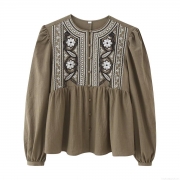 Women Round Neck Long Lantern Sleeve Floral Embroidery Blouse Casual Button Down Polyester Shirt Bohemian Spring Streetwear Top