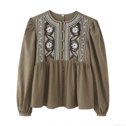 Women Round Neck Long Lantern Sleeve Floral Embroidery Blouse Casual Button Down Polyester Shirt Bohemian Spring Streetwear Top