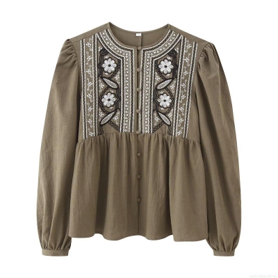 Women Round Neck Long Lantern Sleeve Floral Embroidery Blouse Casual Button Down Polyester Shirt Bohemian Spring Streetwear Top
