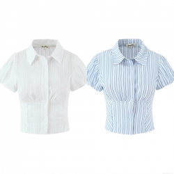 Women's Slim Fit Puff Sleeve Shirt Polyester Cotton Blend Jacquard Polo Collar Single Breasted Short Sleeve Blouse For Summer Streetwear Fashion Casual Top