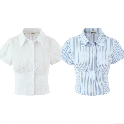 Women's Slim Fit Puff Sleeve Shirt Polyester Cotton Blend Jacquard Polo Collar Single Breasted Short Sleeve Blouse For Summer Streetwear Fashion Casual Top