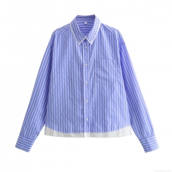 Women Casual Blue White Striped Patchwork Shirt Long Sleeve Loose Button Down Blouse Color Block Streetwear Top With Front Pocket