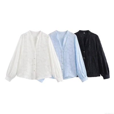 Women V Neck Long Sleeve Floral Burnout Blouse Elegant Button Down Shirt Streetwear Casual Top For Women Autumn Fashion