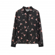 Women's Sheer Chiffon Long Sleeve Blouse Martini Glass Print Button Down Shirt For Party Sexy See-Through Polyester Top Clothing