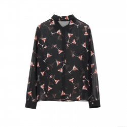 Women's Sheer Chiffon Long Sleeve Blouse Martini Glass Print Button Down Shirt For Party Sexy See-Through Polyester Top Clothing