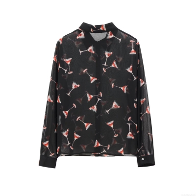 Women's Sheer Chiffon Long Sleeve Blouse Martini Glass Print Button Down Shirt For Party Sexy See-Through Polyester Top Clothing