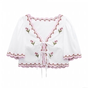 Women's V-Neck Embroidered Blouse 100% Polyester Lace-Up Cropped Top Scalloped Edges Floral Long Sleeve Shirt Bohemian Streetwear Summer Fashion Top