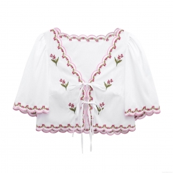 Women's V-Neck Embroidered Blouse 100% Polyester Lace-Up Cropped Top Scalloped Edges Floral Long Sleeve Shirt Bohemian Streetwear Summer Fashion Top