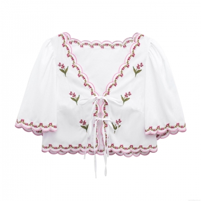 Women's V-Neck Embroidered Blouse 100% Polyester Lace-Up Cropped Top Scalloped Edges Floral Long Sleeve Shirt Bohemian Streetwear Summer Fashion Top