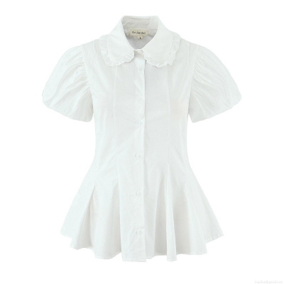 French Style Women White Cotton Blend Blouse Doll Collar Ruffle Puff Sleeve Single Breasted Peplum Shirt Casual Streetwear Tops
