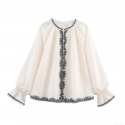 Women's Summer European Style Round Neck Long Sleeve Embroidery Contrast Blouse Off-White Polyester Linen Blend Button Up Shirt Casual Loose Top For Women