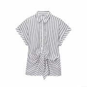 Women's Summer Vertical Striped Short Sleeve Shirt Front Tie Knot Lapel Blouse Casual Cotton Linen Texture Top Streetwear Style Single Breasted Shirt for Women