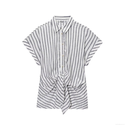 Women's Summer Vertical Striped Short Sleeve Shirt Front Tie Knot Lapel Blouse Casual Cotton Linen Texture Top Streetwear Style Single Breasted Shirt for Women
