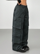 Women High Waisted Cargo Pants 100% Polyester Wide Leg Multi-Pocket Elastic Waist Streetwear Casual Vintage Y2K Style Loose Trousers For Women