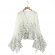 Women's Floral Print Chiffon Blouse V Neck Flared Sleeve Slim Fit Waist Cinching Long Sleeve Shirt Top Elegant Casual Streetwear Office Lady Cream White
