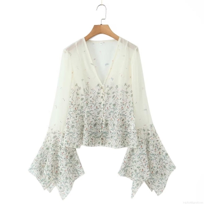 Women's Floral Print Chiffon Blouse V Neck Flared Sleeve Slim Fit Waist Cinching Long Sleeve Shirt Top Elegant Casual Streetwear Office Lady Cream White