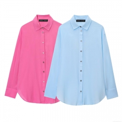Women's Loose Fit Long Sleeve Button Up Shirt Polyester Solid Color Lapel Collar Blouse For Autumn Daily Casual Streetwear Fashion Tops