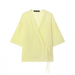 Women's Short Sleeve V-Neck Striped Wrap Shirt Casual Slub Cotton Kimono Style Blouse With Side Tie Bow For Summer Vacation Breathable Lightweight Tops