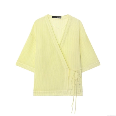 Women's Short Sleeve V-Neck Striped Wrap Shirt Casual Slub Cotton Kimono Style Blouse With Side Tie Bow For Summer Vacation Breathable Lightweight Tops