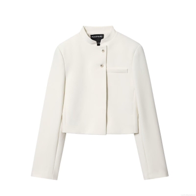 Women Autumn Stand Collar Short Blazer Chic Minimalist Long Sleeve Solid Color Single Breasted Polyester Suit Jacket For Office Streetwear