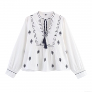 Women's Bohemian Embroidery V-Neck Tassel Blouse Ethnic Long Sleeve Cotton Blend Top Casual Spring Autumn Shirts For Women
