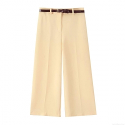 Women's Solid Color Wide Leg Pants With Belt Casual High Waist Office Straight Trousers Autumn Fashion Streetwear Ladies Trousers