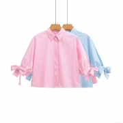 Women's Short Sleeve Striped Crop Shirt Bow Tie Cuffs Lapel Button Down Blouse Top Streetwear Daily Commute Casual Fashion