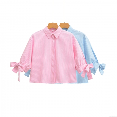 Women's Short Sleeve Striped Crop Shirt Bow Tie Cuffs Lapel Button Down Blouse Top Streetwear Daily Commute Casual Fashion