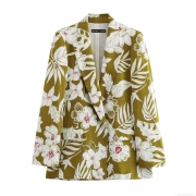 Women's Tropical Floral Print Blazer Jacket Lapel Long Sleeve Single Breasted Linen Blend Outerwear Vintage Olive Green Suit For Autumn Vacation Party