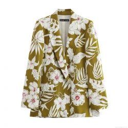Women's Tropical Floral Print Blazer Jacket Lapel Long Sleeve Single Breasted Linen Blend Outerwear Vintage Olive Green Suit For Autumn Vacation Party