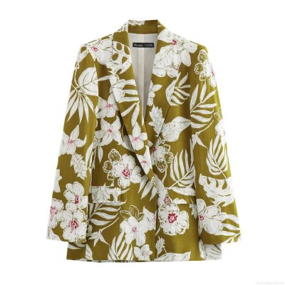 Women's Tropical Floral Print Blazer Jacket Lapel Long Sleeve Single Breasted Linen Blend Outerwear Vintage Olive Green Suit For Autumn Vacation Party