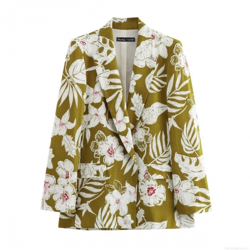 Women's Tropical Floral Print Blazer Jacket Lapel Long Sleeve Single Breasted Linen Blend Outerwear Vintage Olive Green Suit For Autumn Vacation Party