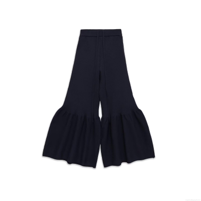 Women's Ribbed Knit Flare Trousers Ruffle Hem Bell Bottom Pants Elastic Waist Drawstring Loose Casual Winter Solid Color Pants For Ladies