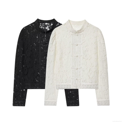 Elegant Women's Lace Blouse With Mandarin Collar And Frog Buttons Floral Hollow Out Long Sleeve Shirt For Daily Party Lady Tops