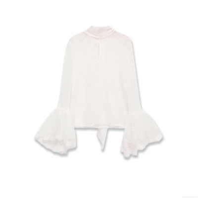 Women's Elegant White Lace Flare Sleeve Blouse Vintage Patchwork Half-High Neck Pullover Top For Party Dating Sexy Ruffled Mesh Shirt
