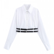 Women's Cropped Shirt With Belt Fashion Casual Long Sleeve Polo Collar Poplin Top Solid Color Autumn Back Strap Design Blouse For Women