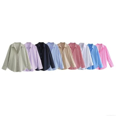 Women's Casual Poplin Cotton Long Sleeve Shirt Loose Vertical Stripe Button Down Blouse Top for Office Lady Daily Wear Spring Autumn