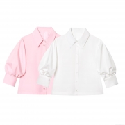 Women Puff Sleeve Button Down Shirt Polyester Cotton Blend Summer Sweet Minimalist Turn-down Collar Solid Striped Blouse Top Casual Fashion Ladies Clothing
