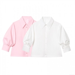 Women Puff Sleeve Button Down Shirt Polyester Cotton Blend Summer Sweet Minimalist Turn-down Collar Solid Striped Blouse Top Casual Fashion Ladies Clothing