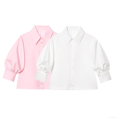 Women Puff Sleeve Button Down Shirt Polyester Cotton Blend Summer Sweet Minimalist Turn-down Collar Solid Striped Blouse Top Casual Fashion Ladies Clothing